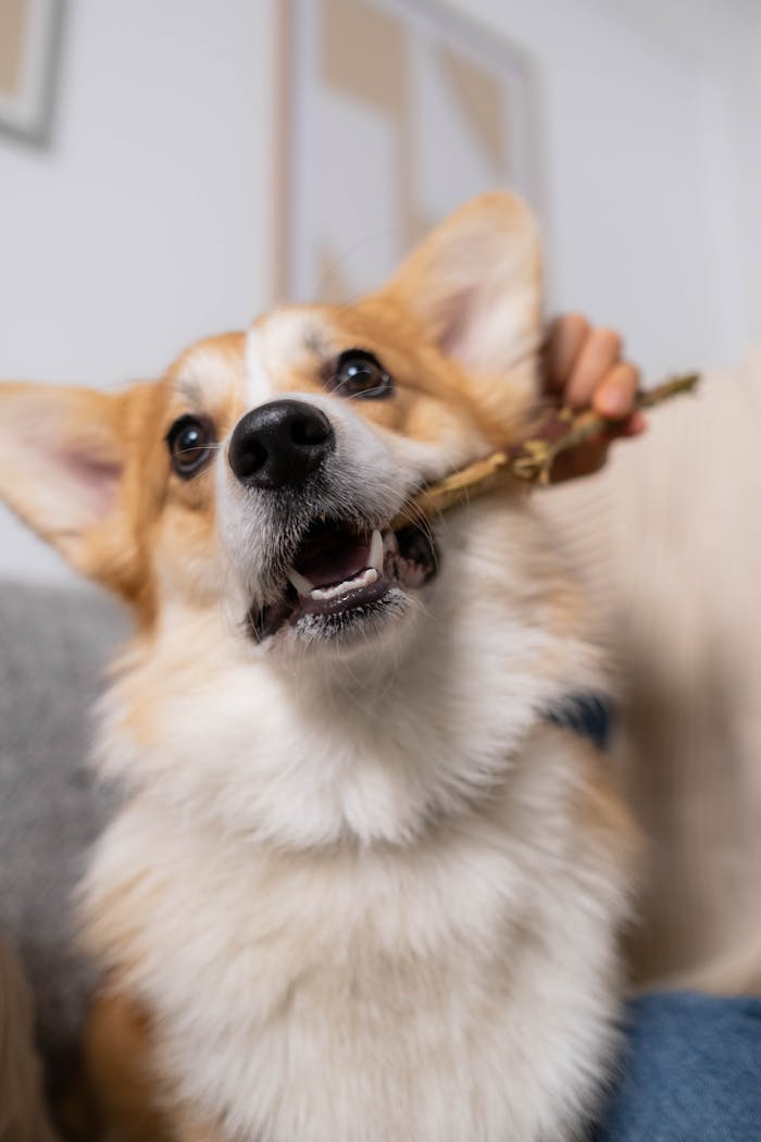 Adorable corgi dog biting a stick indoors, showcasing playful behavior.